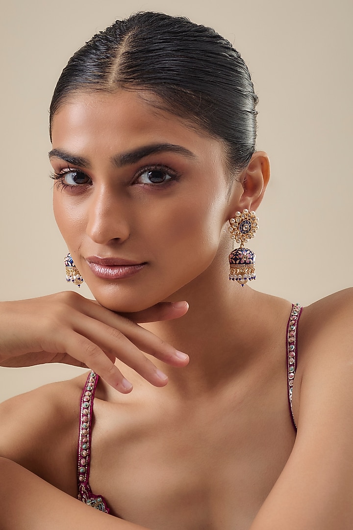 Gold Finish Kundan Polki & Pearl Drop Enameled Jhumka Earrings by Belsi's Jewellery at Pernia's Pop Up Shop