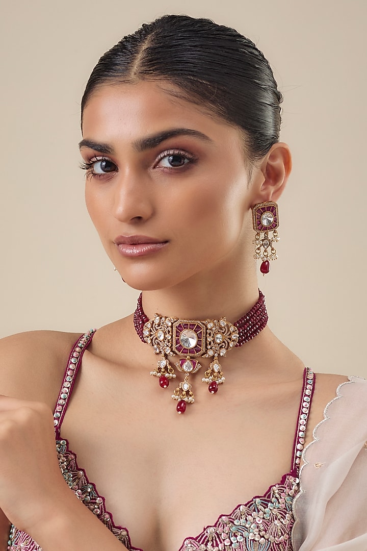 Gold Finish Kundan Polki & Mother Of Pearl Choker Necklace Set by Belsi's Jewellery at Pernia's Pop Up Shop