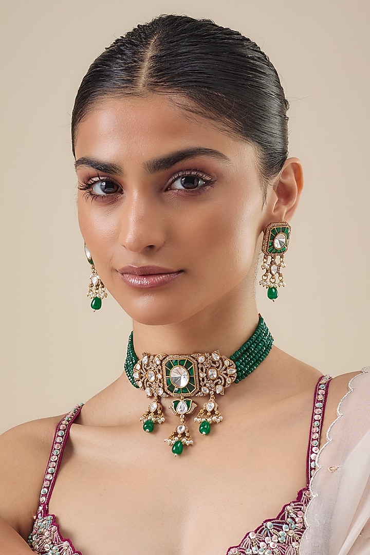 Gold Finish Kundan Polki & Mother Of Pearl Choker Necklace Set by Belsi's Jewellery at Pernia's Pop Up Shop