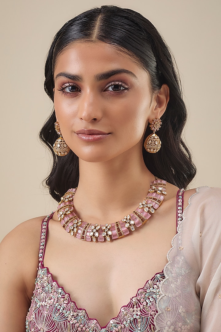 Gold Finish Pink Kundan Polki Necklace Set by Belsi's Jewellery at Pernia's Pop Up Shop
