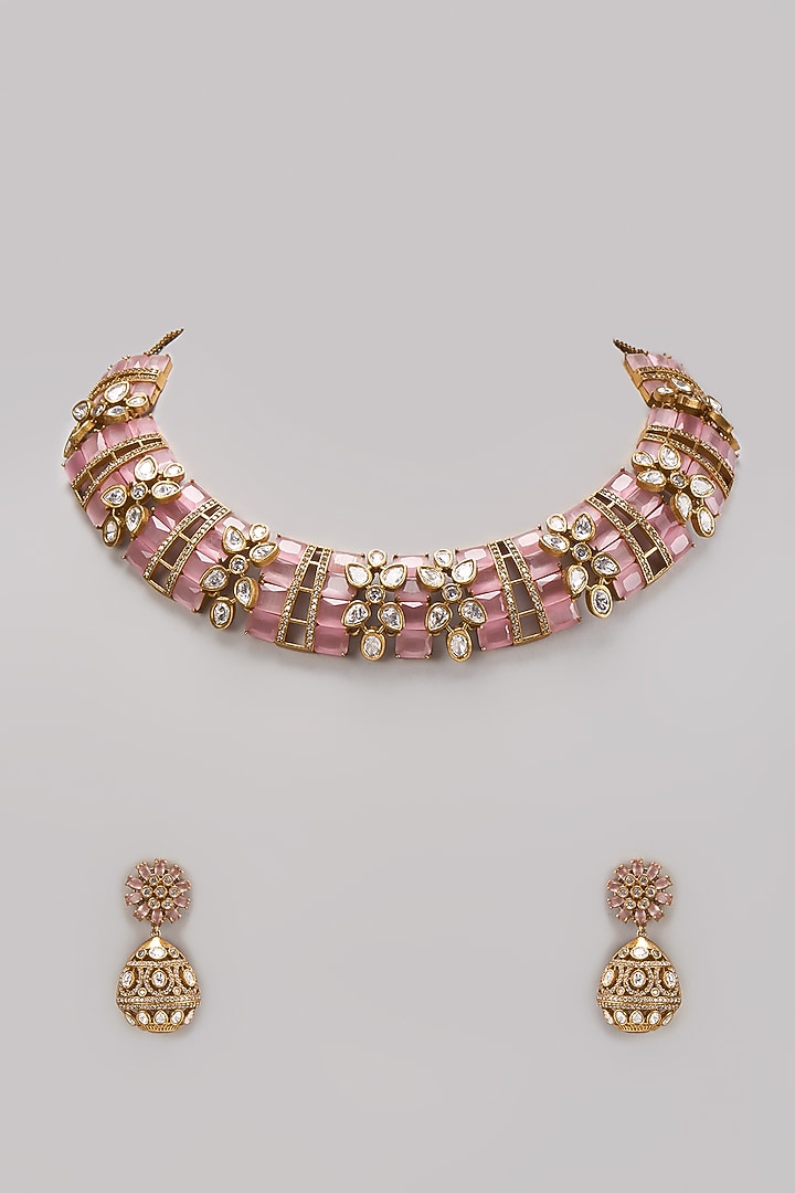 Gold Finish Pink Kundan Polki Necklace Set by Belsi's Jewellery at Pernia's Pop Up Shop