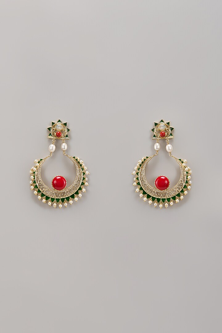 Gold Finish Kundan Polki & Pearl Beaded Chandbali Earrings by Belsi's Jewellery at Pernia's Pop Up Shop