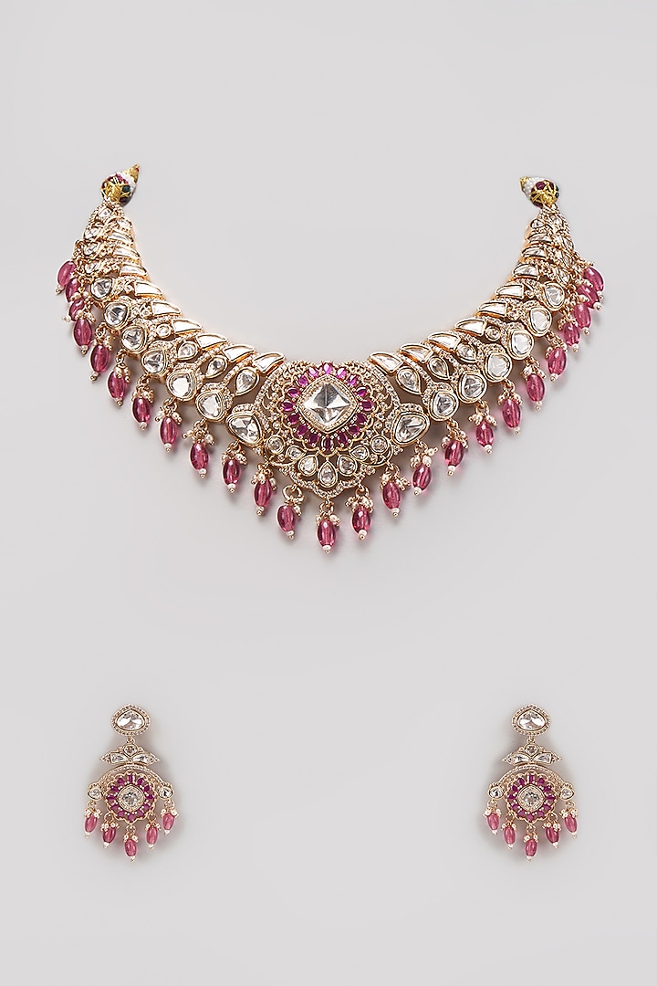 Gold Finish Kundan Polki & Pink Hanging Pearl Necklace Set by Belsi's Jewellery at Pernia's Pop Up Shop