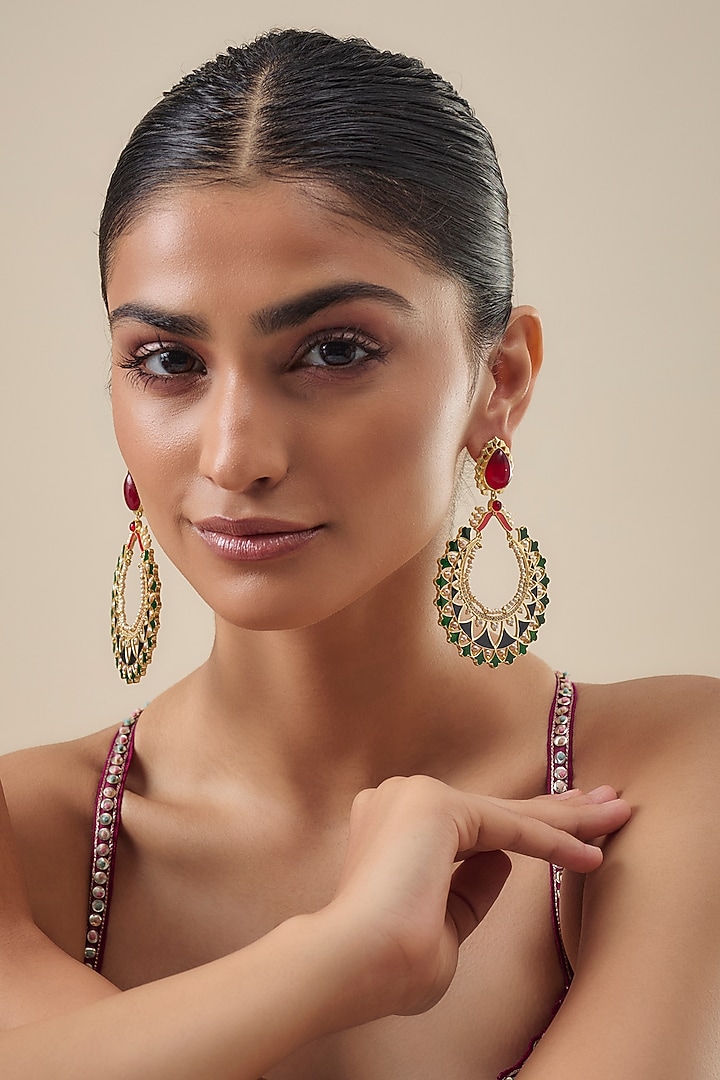 Gold Finish Green Enameled Chandbali Earrings by Belsi's Jewellery at Pernia's Pop Up Shop
