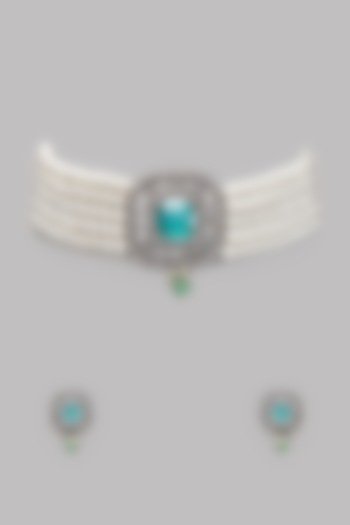 White Finish Zircon & Aqua Stone Choker Necklace Set by Belsi's Jewellery at Pernia's Pop Up Shop