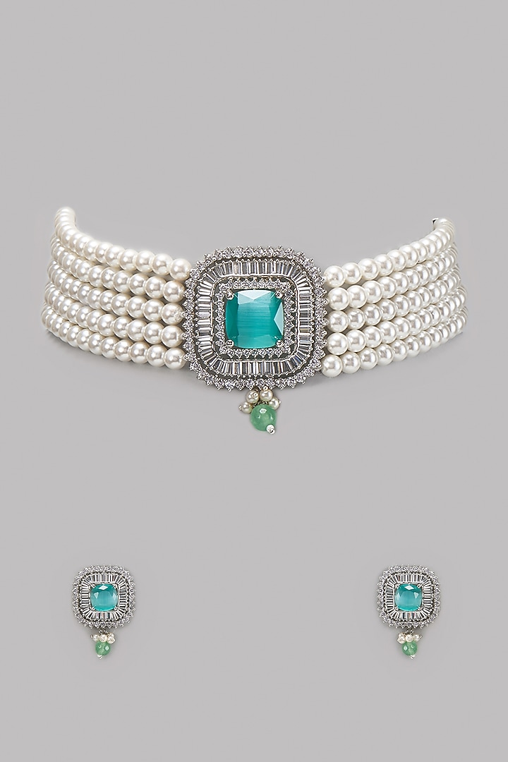 White Finish Zircon & Aqua Stone Choker Necklace Set by Belsi's Jewellery at Pernia's Pop Up Shop