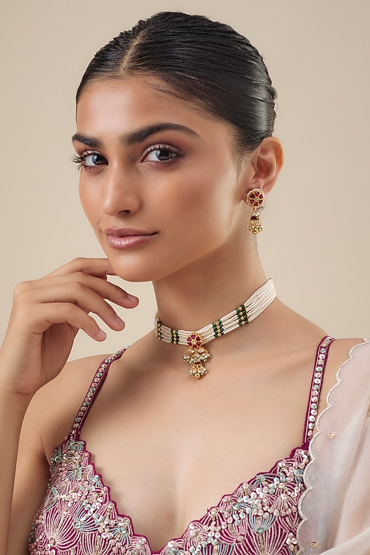 White Finish Zircon & Aqua Stone Choker Necklace Set by Belsi's Jewellery at Pernia's Pop Up Shop