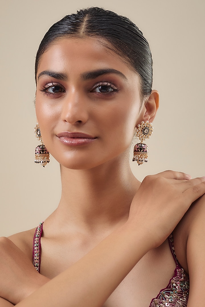 Gold Finish Jadtar Stone & Pearl Enameled Jhumka Earrings by Belsi's Jewellery at Pernia's Pop Up Shop