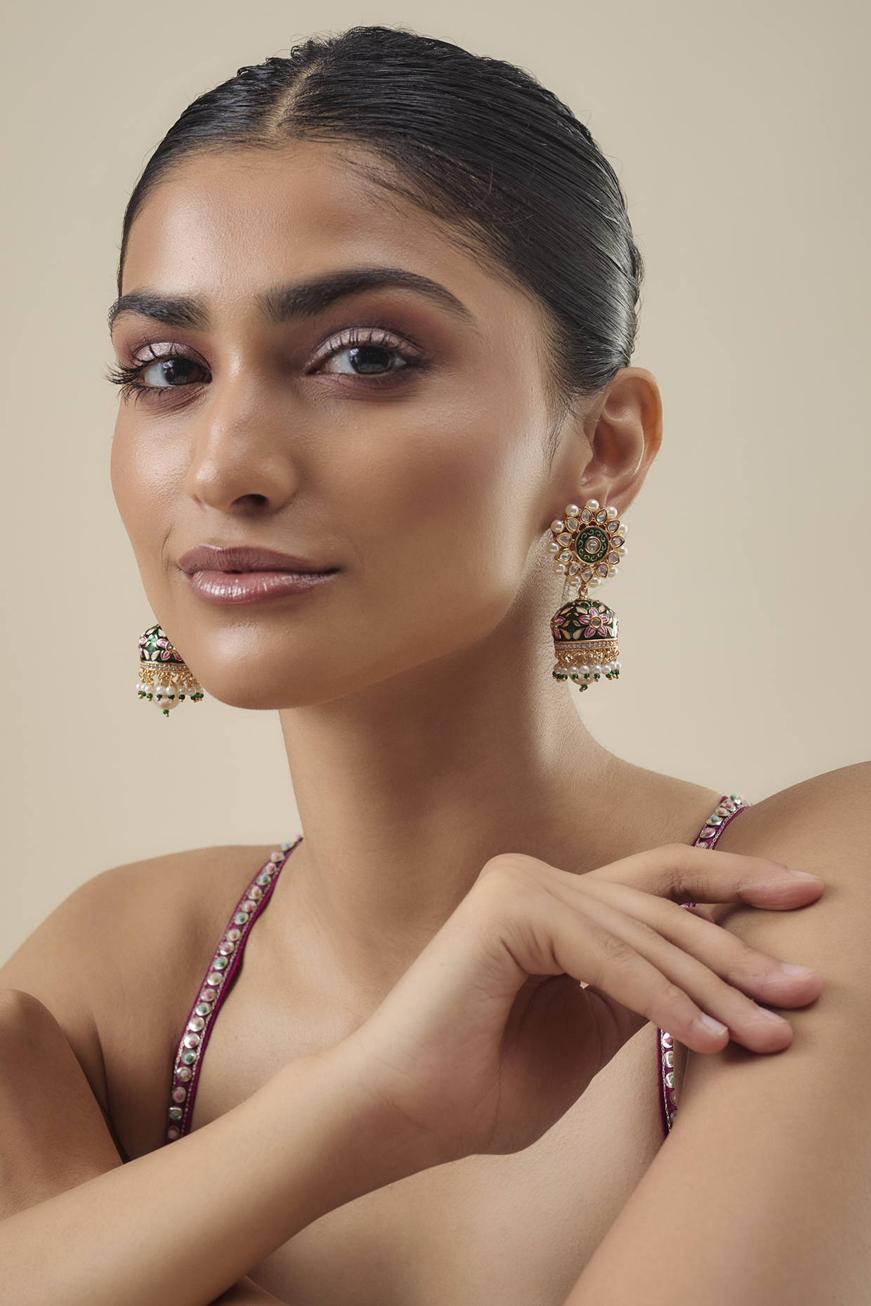 Gold Finish Jadtar Stone & Pearl Enameled Jhumka Earrings by Belsi's Jewellery at Pernia's Pop Up Shop