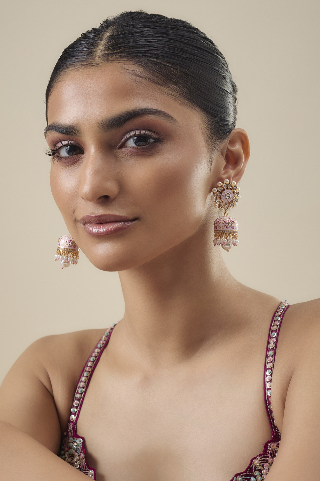 Gold Finish Jadtar Stone & Pearl Enameled Jhumka Earrings by Belsi's Jewellery at Pernia's Pop Up Shop