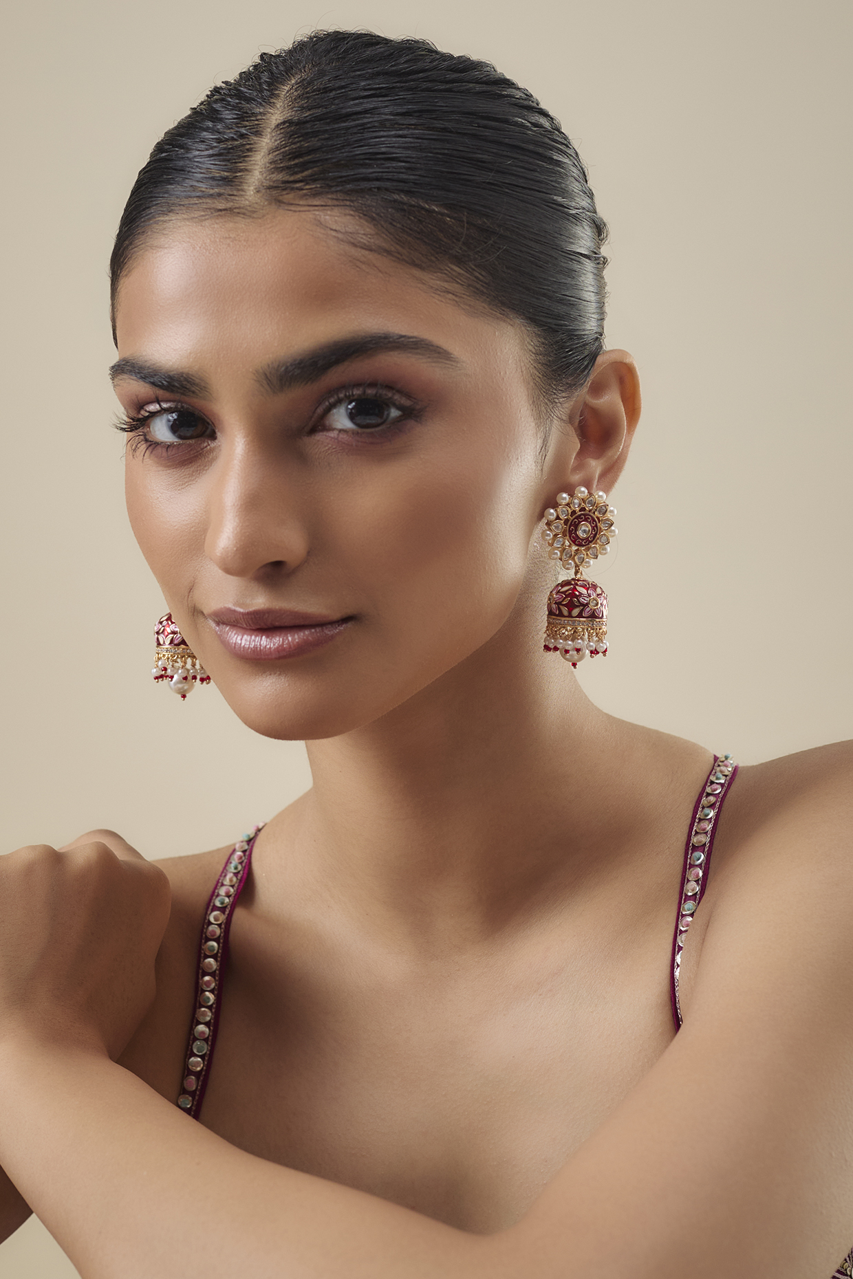 Gold Finish Jadtar Stone & Pearl Enameled Jhumka Earrings by Belsi's Jewellery at Pernia's Pop Up Shop