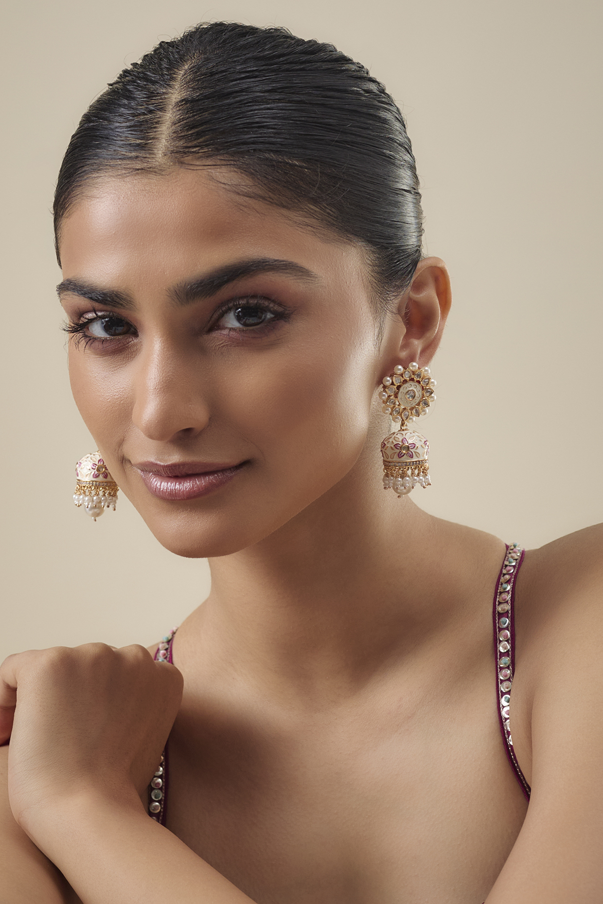 Gold Finish Jadtar Stone & Pearl Enameled Jhumka Earrings by Belsi's Jewellery at Pernia's Pop Up Shop