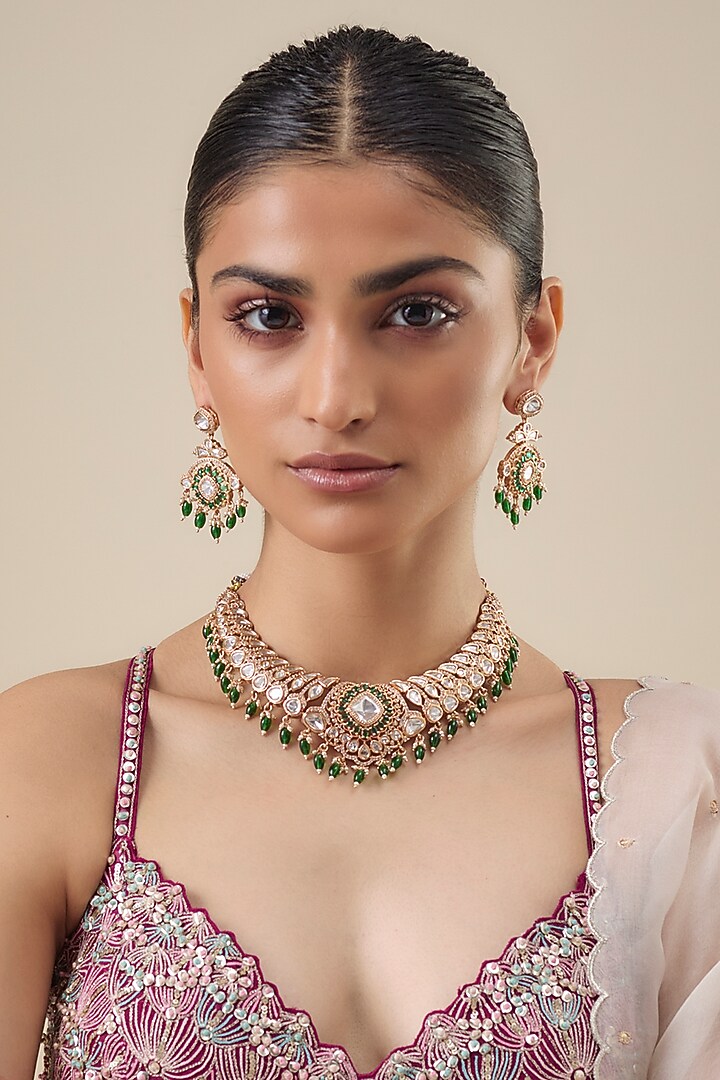 Gold Finish Kundan Polki & Green Pearl Hanging Necklace Set by Belsi's Jewellery at Pernia's Pop Up Shop