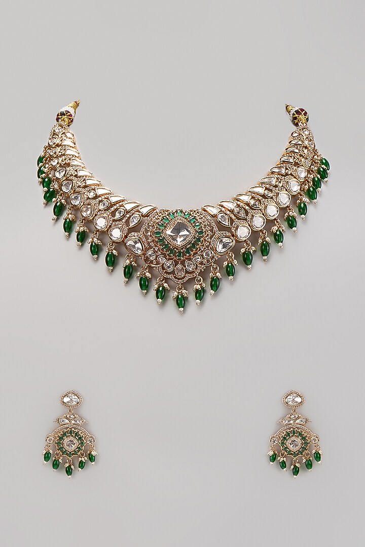 Gold Finish Kundan Polki & Mother Of Pearl Necklace Set - Rent