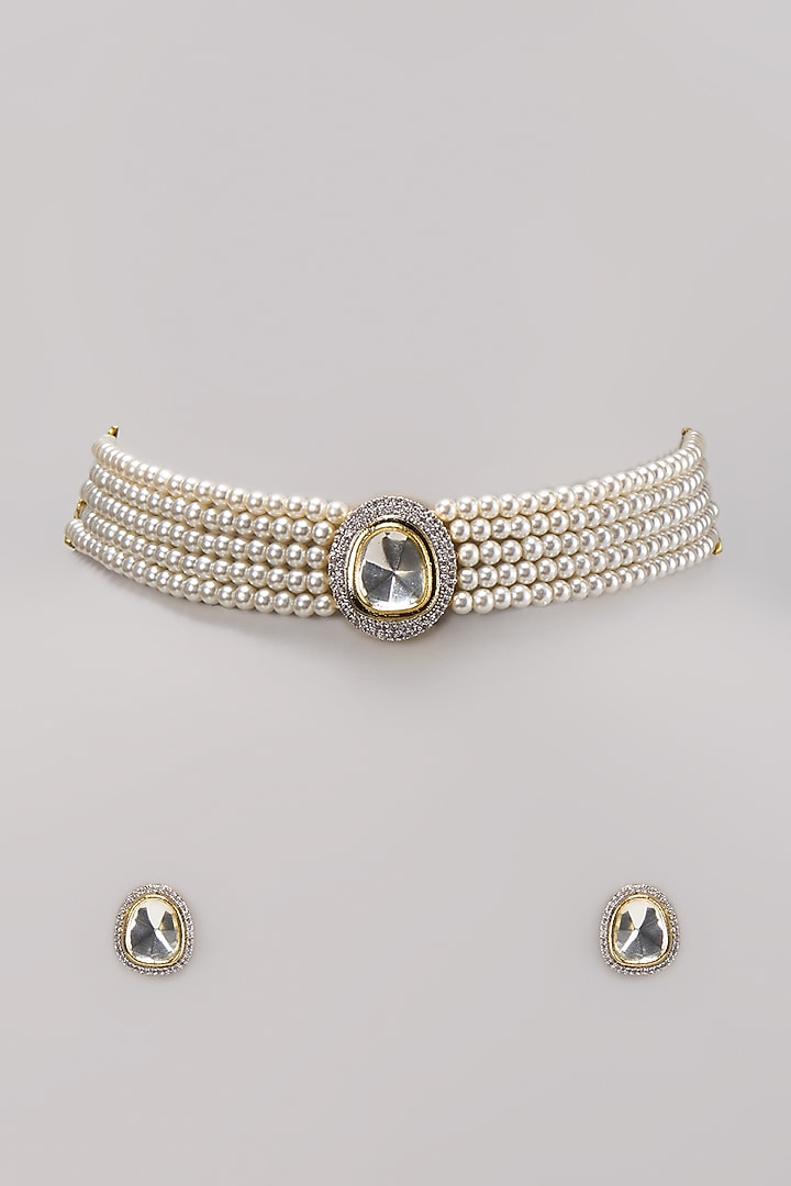 Gold Finish Kundan Polki & Pearl String Choker Necklace Set by Belsi's Jewellery at Pernia's Pop Up Shop