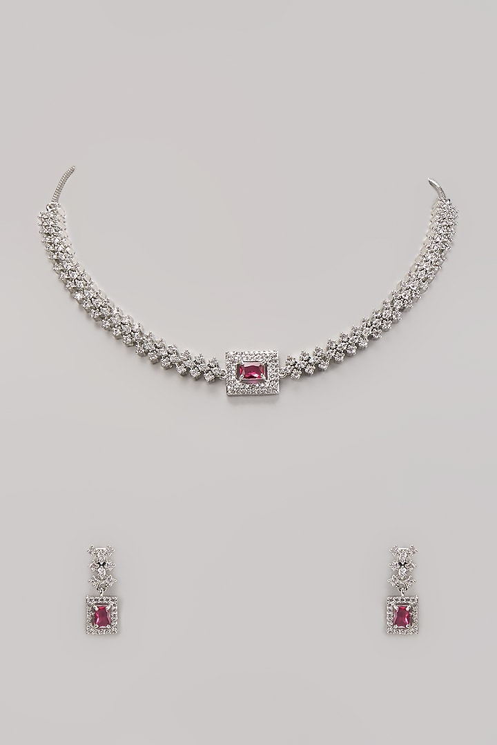 White Finish Zircon & Ruby Stone Necklace Set by Belsi's Jewellery at Pernia's Pop Up Shop