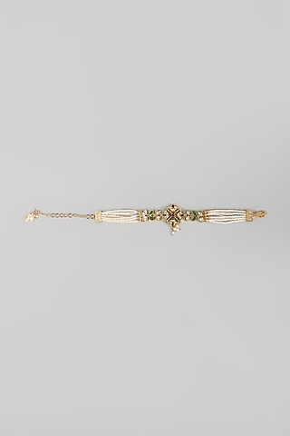 Gold Finish Kundan Polki & Pearl Adjustable Bracelet by Belsi's Jewellery