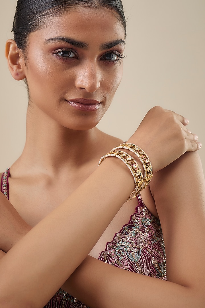 Gold Finish Kundan Polki Openable Bangle (Set Of 2) by Belsi's Jewellery at Pernia's Pop Up Shop