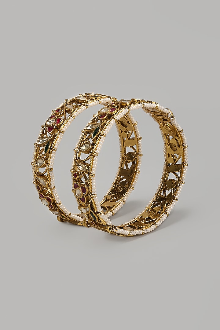 Gold Finish Kundan Polki Openable Bangle (Set Of 2) by Belsi's Jewellery at Pernia's Pop Up Shop
