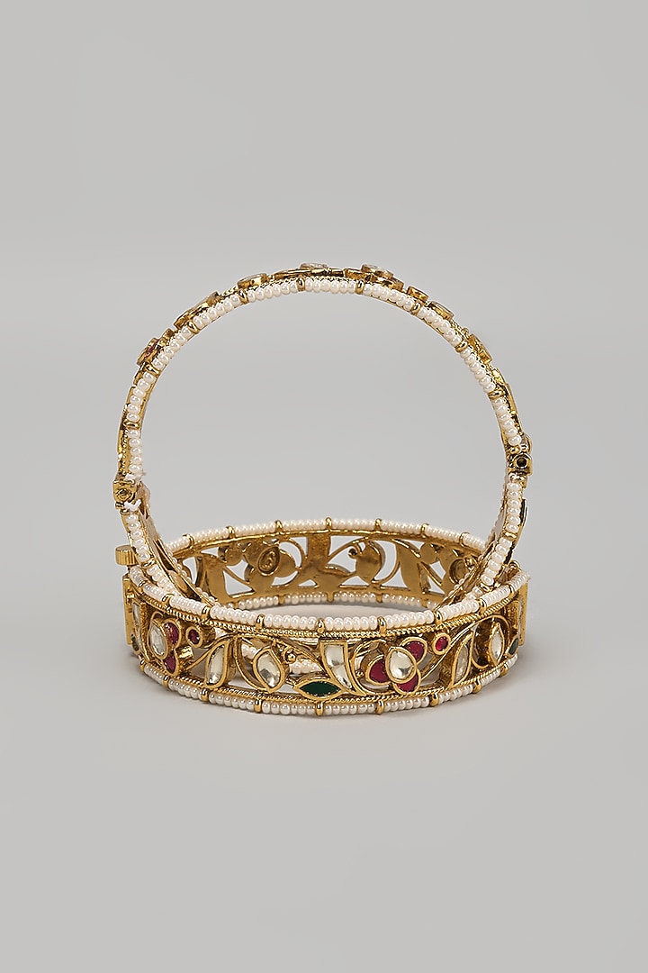 Gold Finish Kundan Polki Openable Bangle (Set Of 2) by Belsi's Jewellery at Pernia's Pop Up Shop