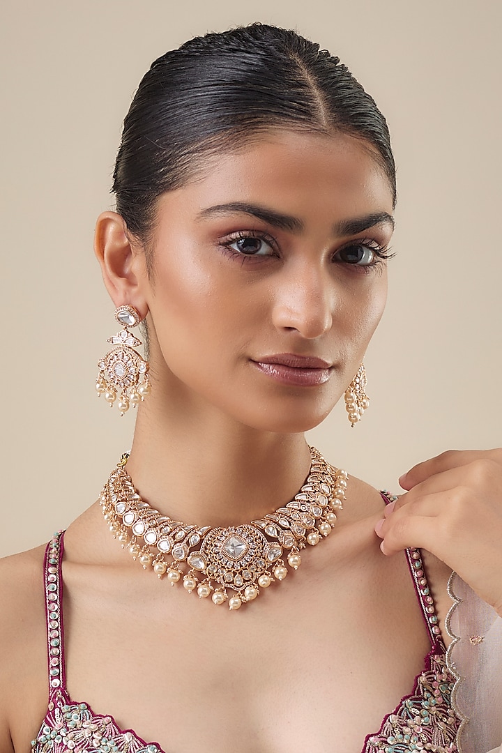 Gold Finish Kundan Polki & White Pearl Hanging Necklace Set by Belsi's Jewellery at Pernia's Pop Up Shop