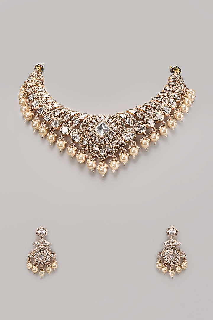 Gold Finish Kundan Polki & White Pearl Hanging Necklace Set by Belsi's Jewellery at Pernia's Pop Up Shop