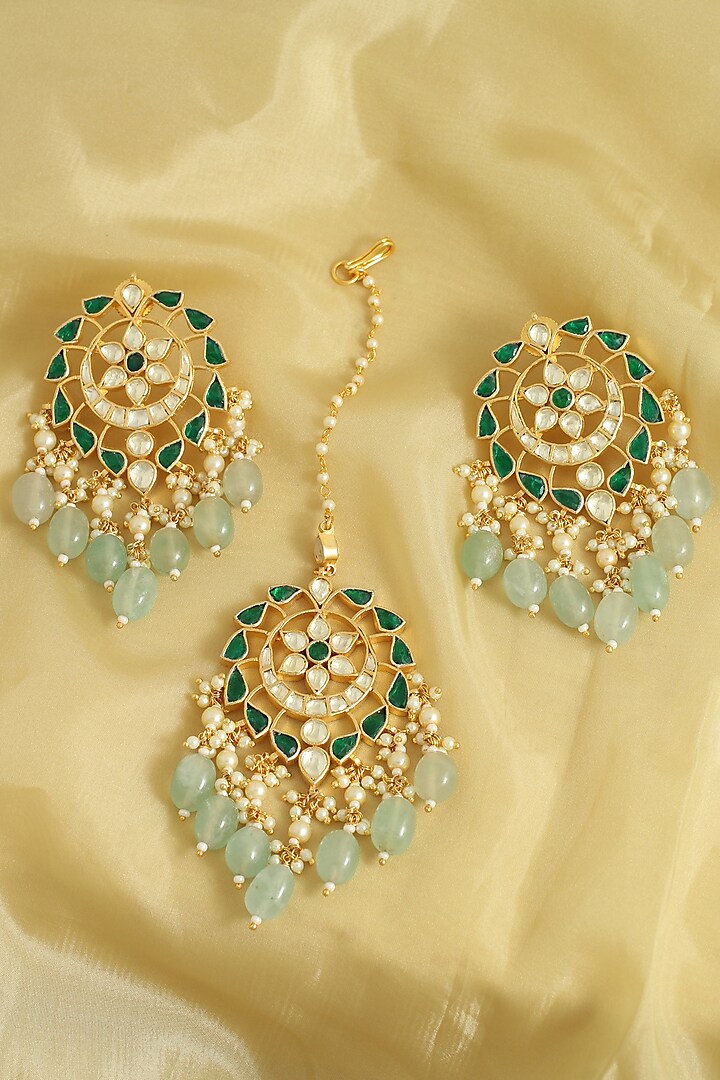Gold Finish Handcrafted Earrings with Maang Tikka by Belsi'S Jewellery