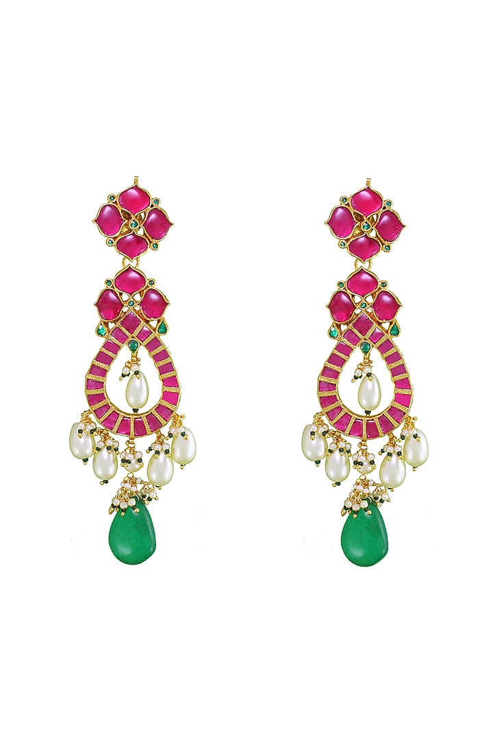 Gold Finish Fuchsia Stone Dangler Earrings by Belsi's Jewellery at Pernia's Pop Up Shop