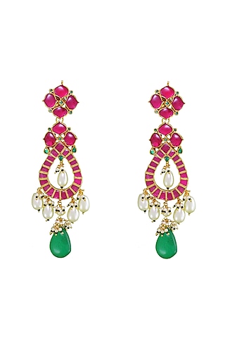 Gold Finish Fuchsia Stone Dangler Earrings by Belsi's Jewellery
