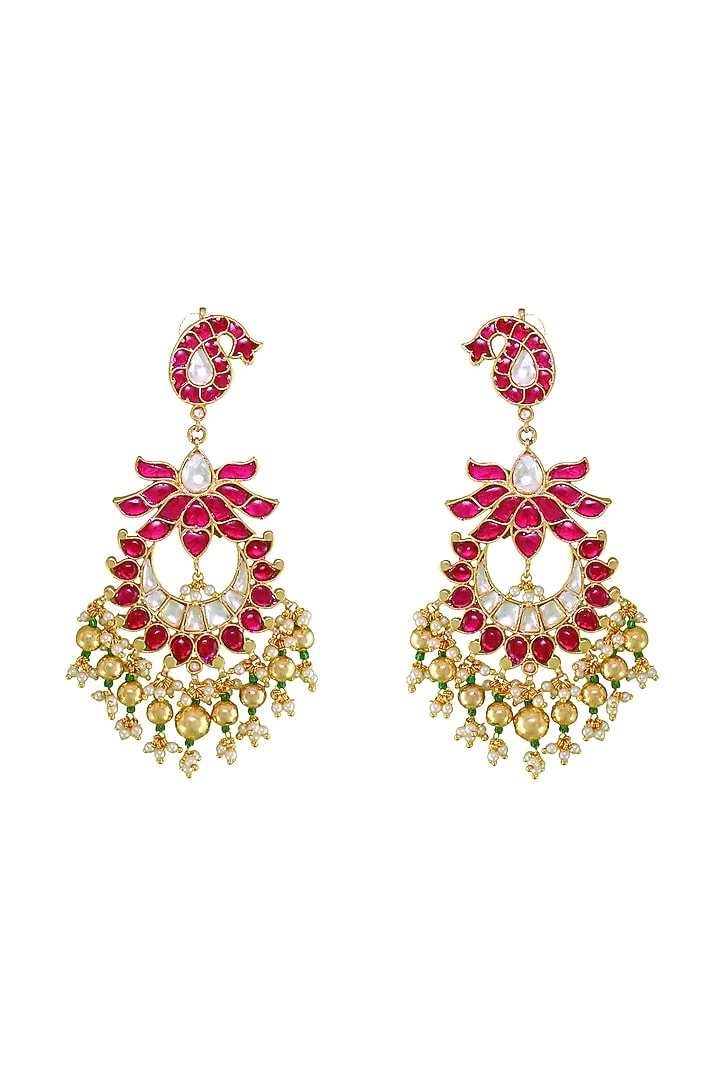 Gold Finish Red Stone Floral Dangler Earrings by Belsi's Jewellery at Pernia's Pop Up Shop