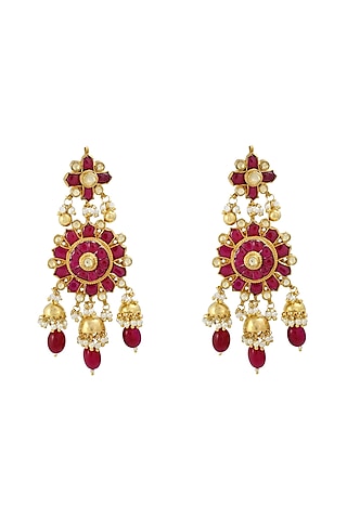 Gold Finish Red Stone & Kundan Floral Dangler Earrings by Belsi's Jewellery