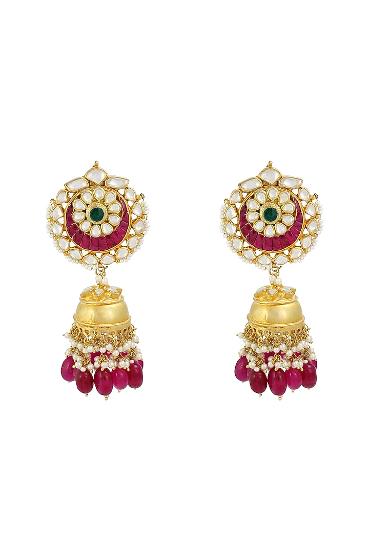 Gold Finish Red Stone Jhumka Earrings by Belsi's Jewellery at Pernia's Pop Up Shop