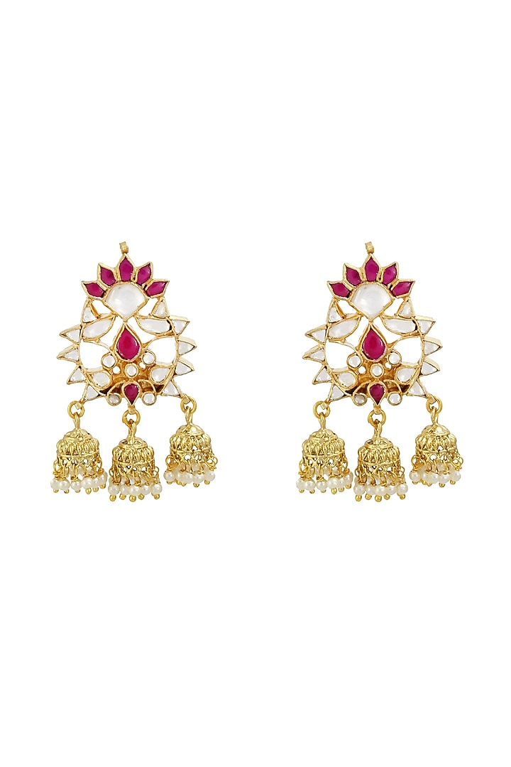 Gold Finish Red Stones Floral Dangler Earrings by Belsi's Jewellery at Pernia's Pop Up Shop