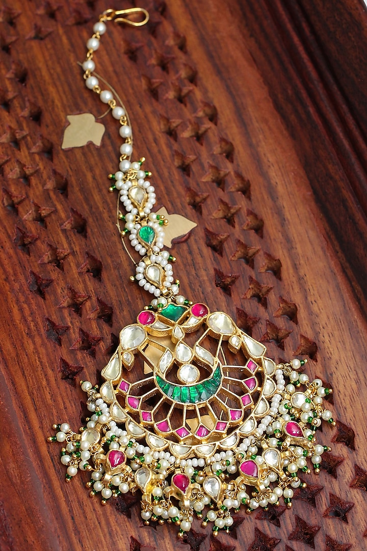 Gold Finish Multi-Colored Kundan Polki Maangtikka by Belsi's Jewellery