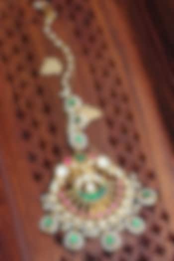 Gold Finish Pearl & Multi-Colored Kundan Polki Maangtikka by Belsi's Jewellery