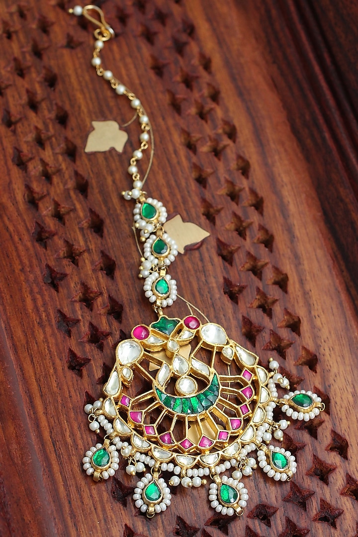 Gold Finish Pearl & Multi-Colored Kundan Polki Maangtikka by Belsi's Jewellery