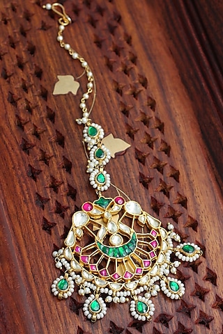 Gold Finish Pearl & Multi-Colored Kundan Polki Maangtikka by Belsi's Jewellery