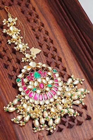 Gold Finish Multi-Colored Kundan Polki Bridal Maangtikka by Belsi's Jewellery