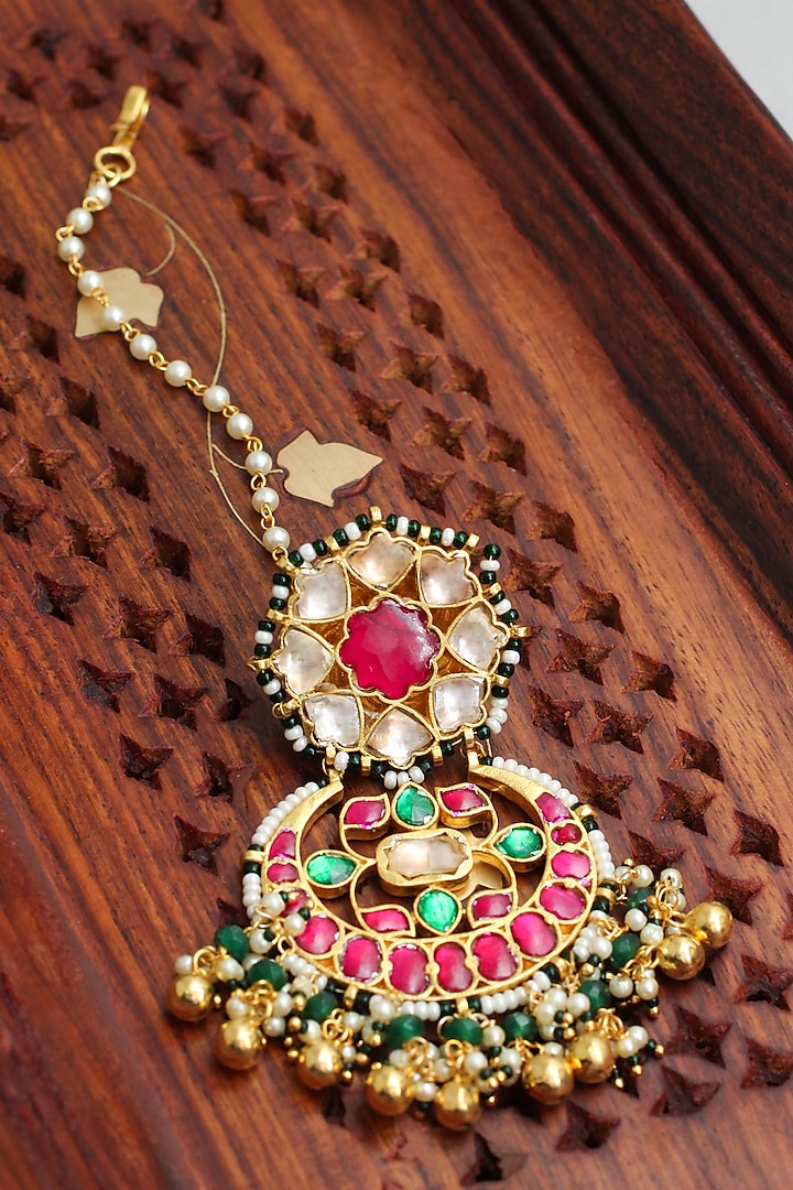Gold Finish Maangtikka With Multi-Colored Kundan Polki by Belsi's Jewellery