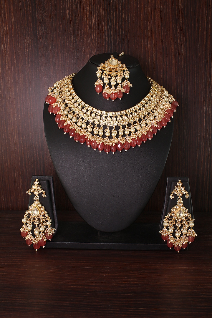 Gold Finish Red Stones Bridal Necklace Set by Belsi's Jewellery at Pernia's Pop Up Shop