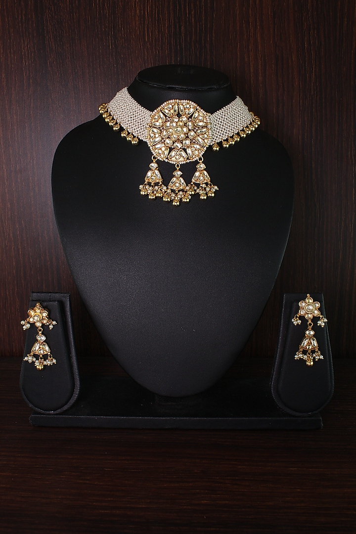 Gold Finish Moti Patta Choker Necklace Set by Belsi's Jewellery