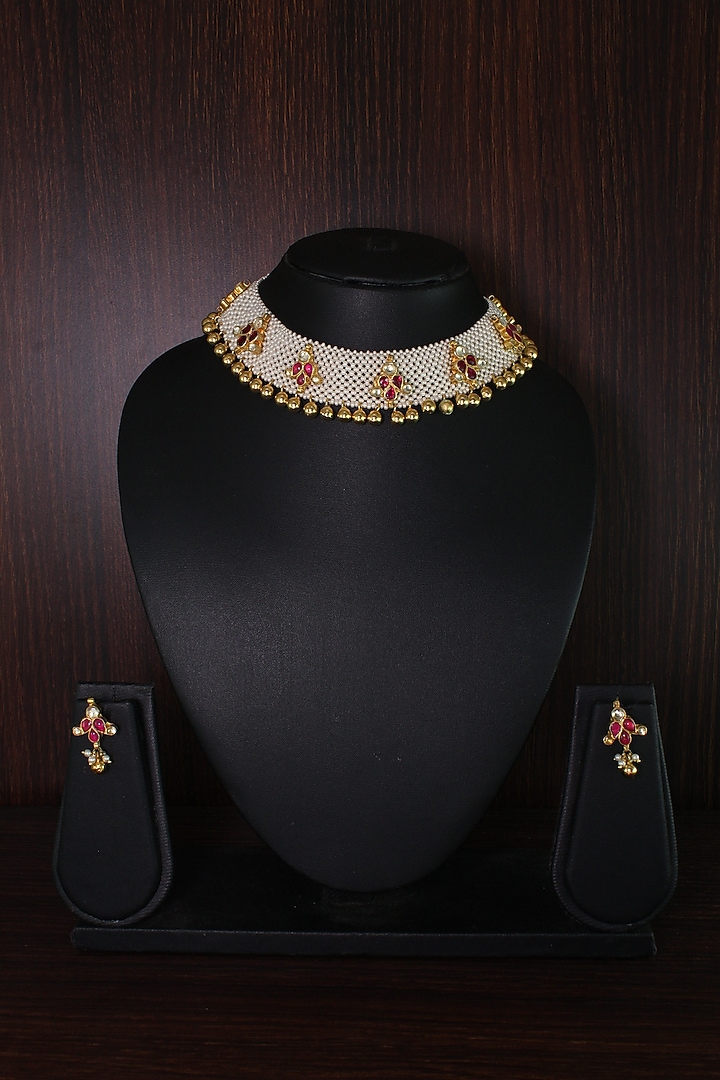 Gold Finish Moti Patta & Red Stone Choker Necklace Set by Belsi's Jewellery at Pernia's Pop Up Shop