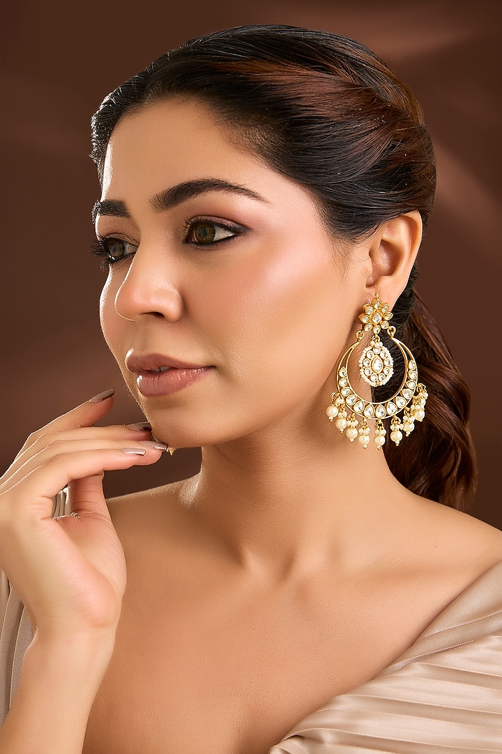Gold Finish Kundan Polki & Beaded Chandbali Earrings by Belsi'S Jewellery at Pernia's Pop Up Shop