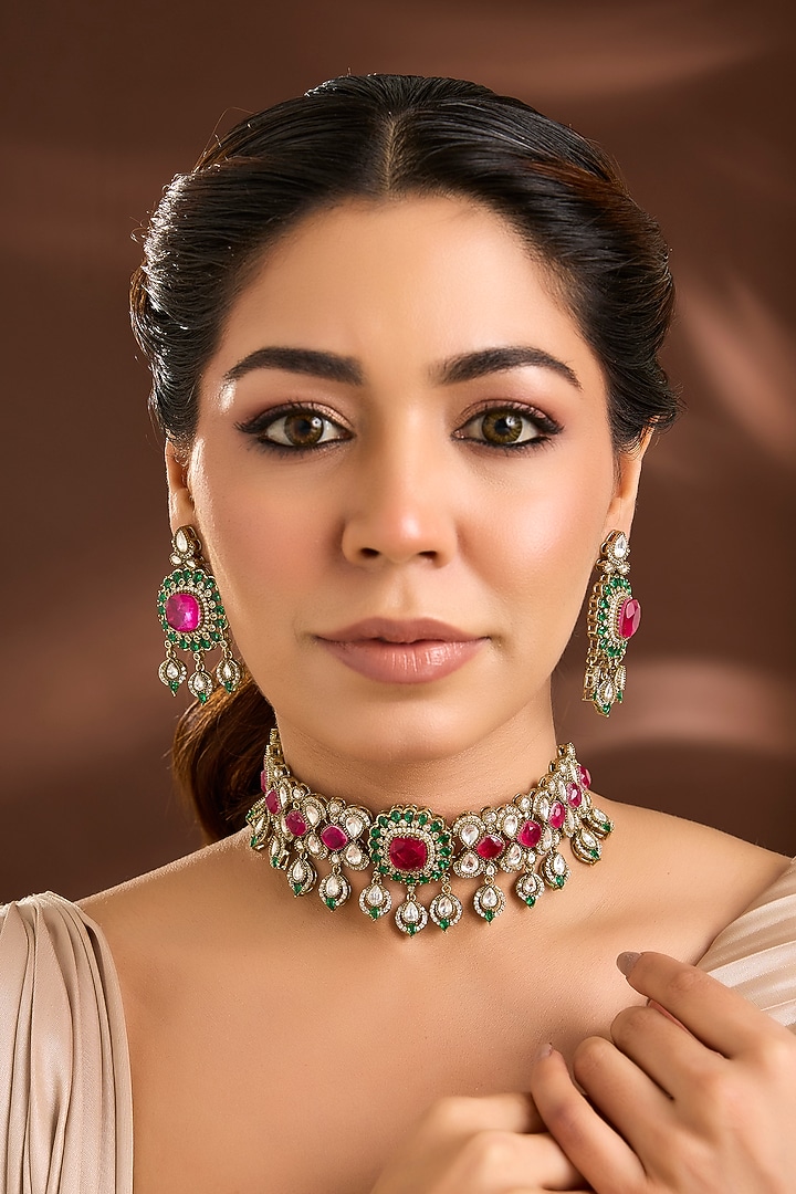 Two-Tone Finish Kundan Polki & Ruby Stones Choker Necklace Set by Belsi'S Jewellery at Pernia's Pop Up Shop