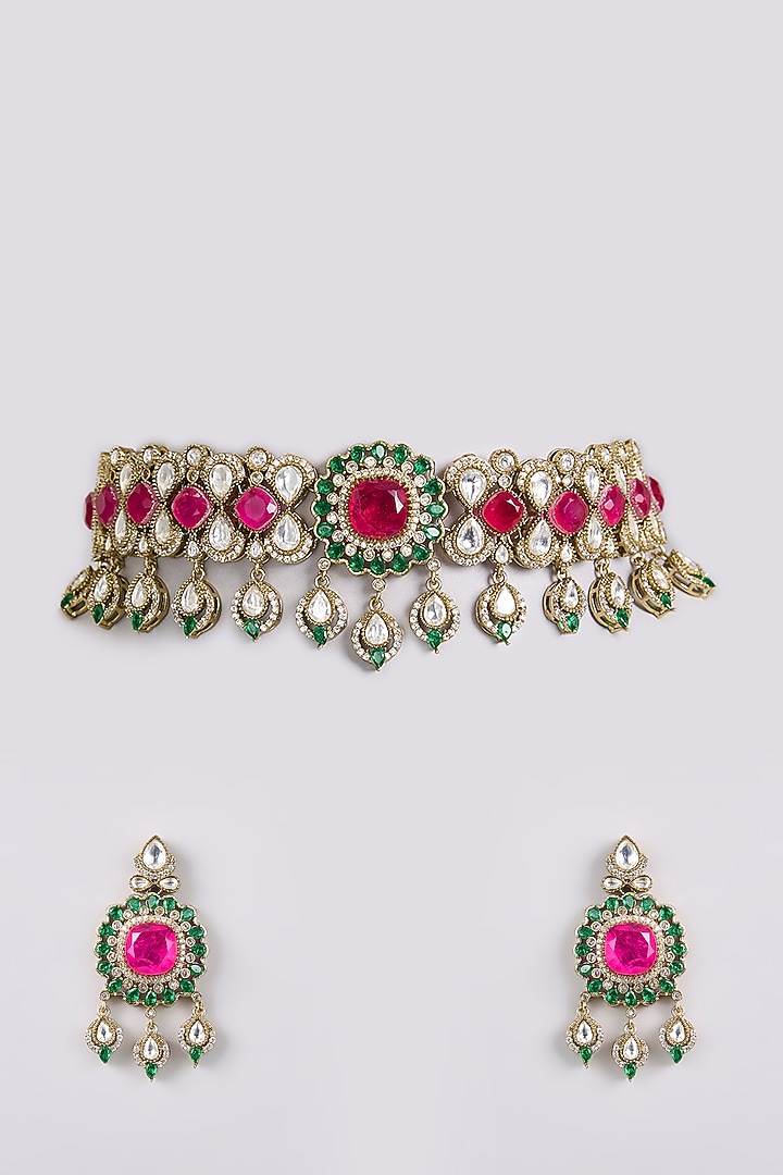 Two-Tone Finish Kundan Polki & Ruby Stones Choker Necklace Set by Belsi'S Jewellery at Pernia's Pop Up Shop