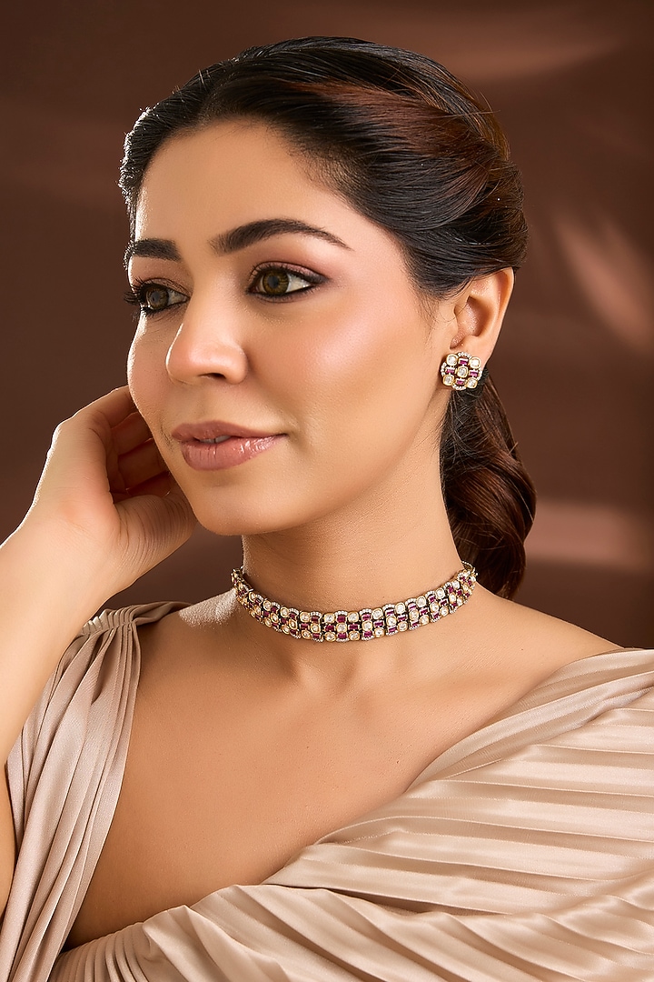 Two-Tone Finish White & Red Kundan Polki Choker Necklace Set by Belsi'S Jewellery at Pernia's Pop Up Shop