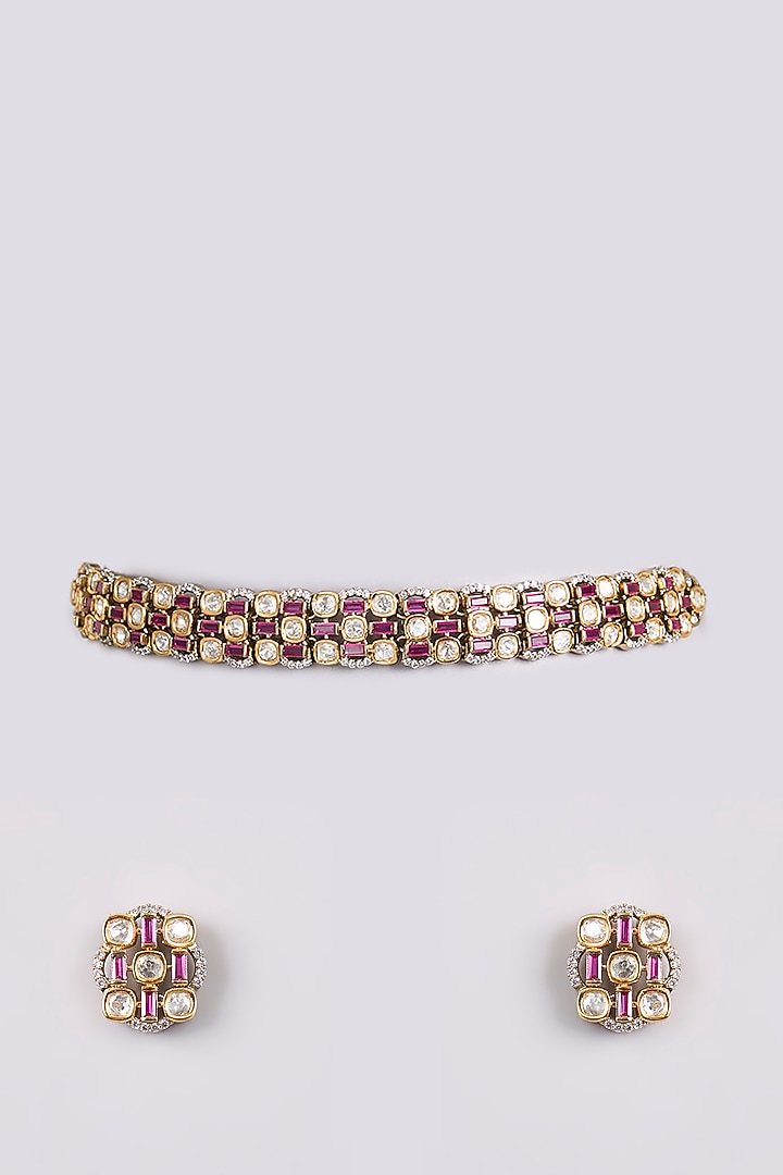 Two-Tone Finish White & Red Kundan Polki Choker Necklace Set by Belsi'S Jewellery at Pernia's Pop Up Shop