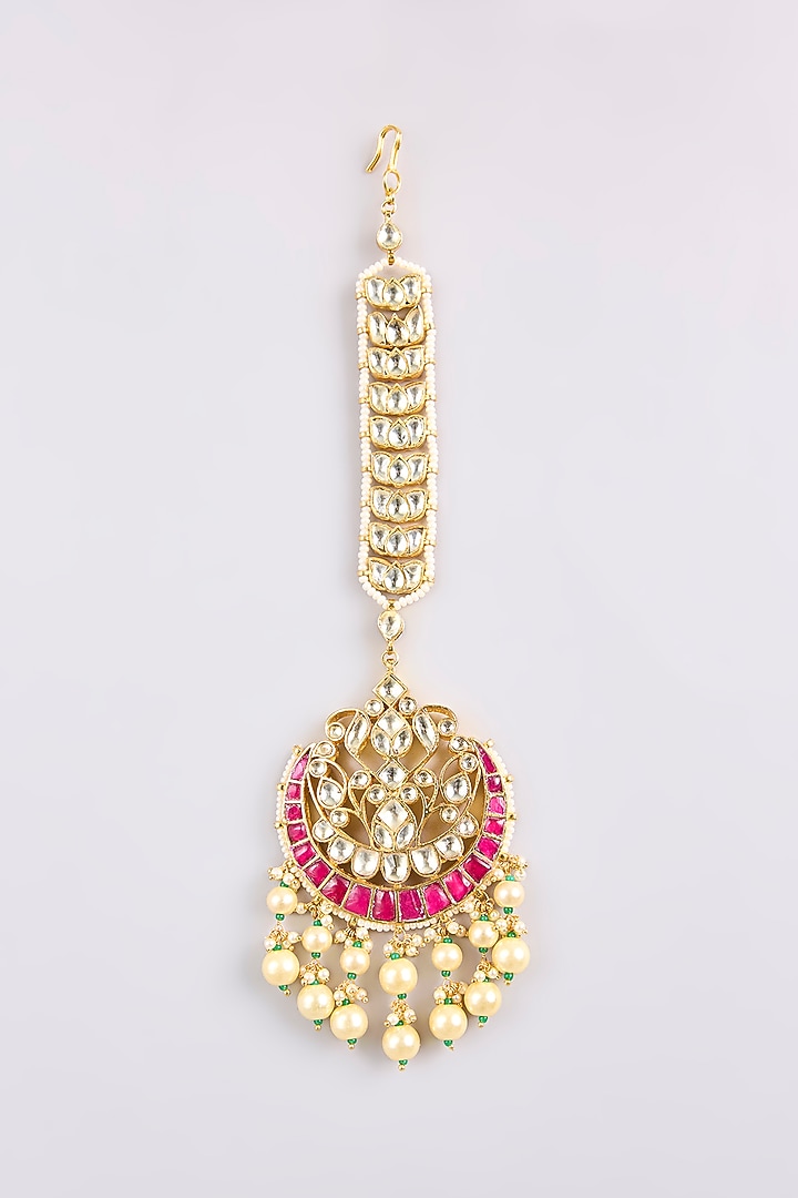Gold Finish Ruby & White Kundan Polki Maangtikka by Belsi'S Jewellery at Pernia's Pop Up Shop