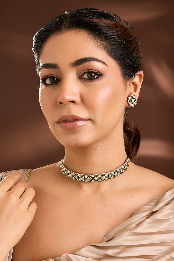Two-Tone Finish Green Kundan Polki Choker Necklace Set by Belsi'S Jewellery at Pernia's Pop Up Shop