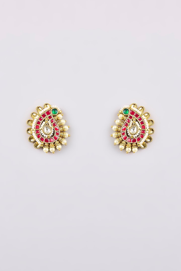 Gold Finish Kundan Polki & Pearl Stud Earrings by Belsi'S Jewellery at Pernia's Pop Up Shop